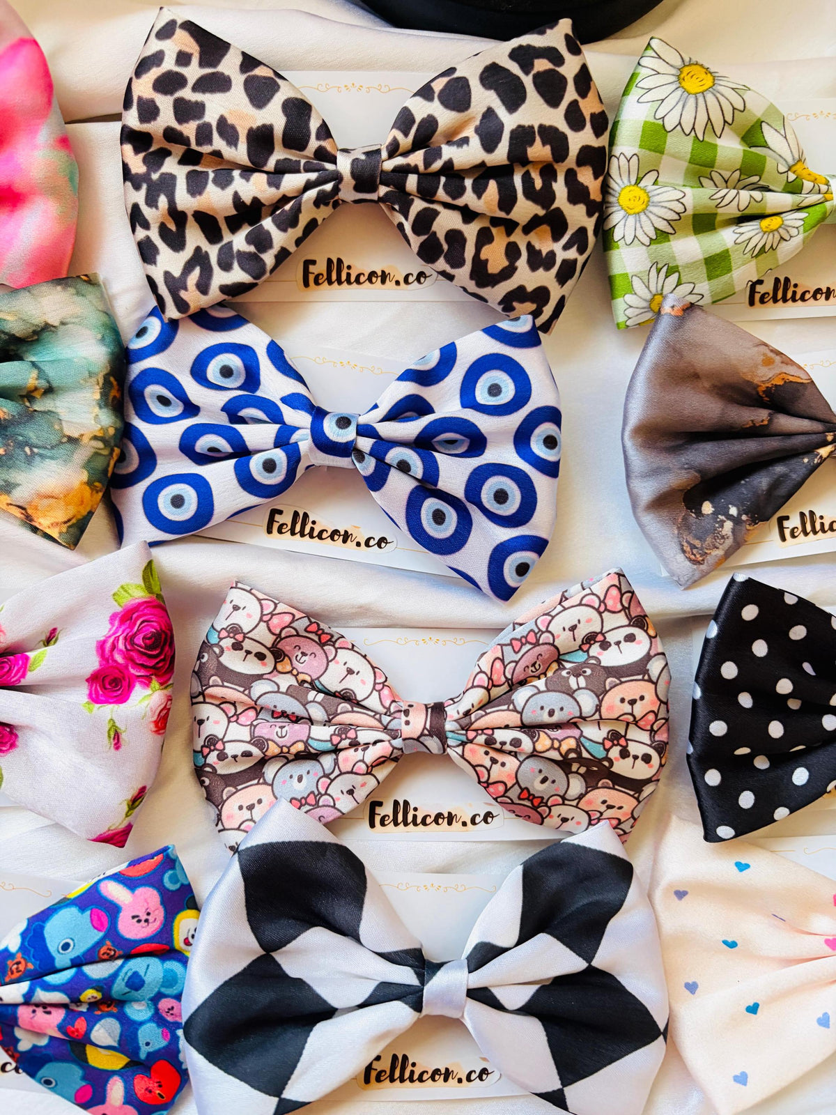 Printed Fabric Hair Bows, Handmade Satin Hair Accessories, Floral Checkered Patterns
