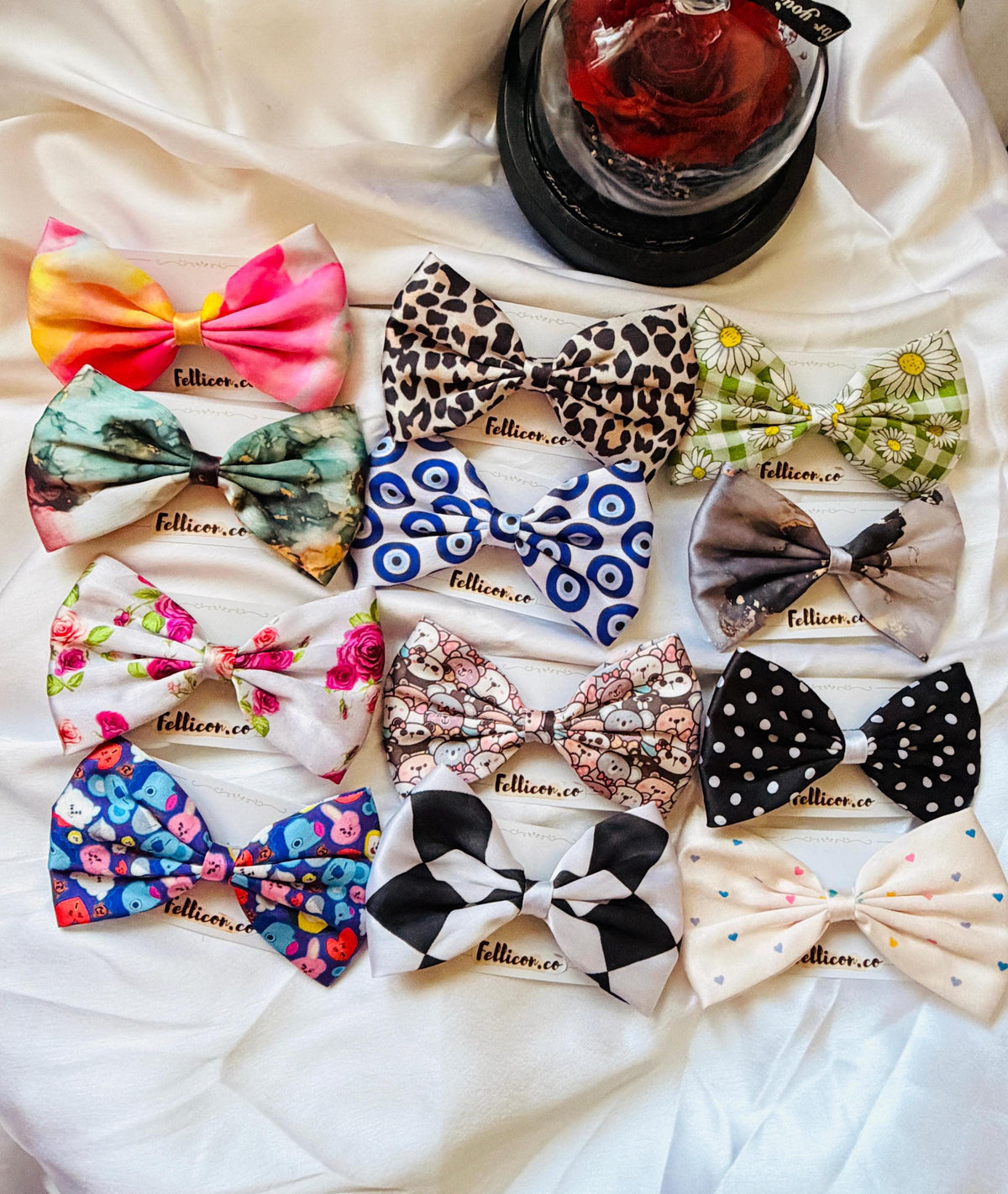 Printed Fabric Hair Bows, Handmade Satin Hair Accessories, Floral Checkered Patterns