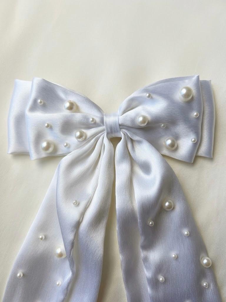 White Satin Pearl Bridal Hair Bow, Romantic Wedding Accessory, French Barrette clip