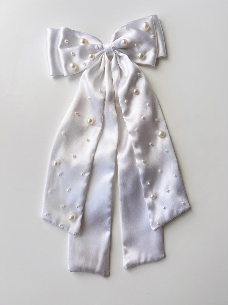 White Satin Pearl Bridal Hair Bow, Romantic Wedding Accessory, French Barrette clip