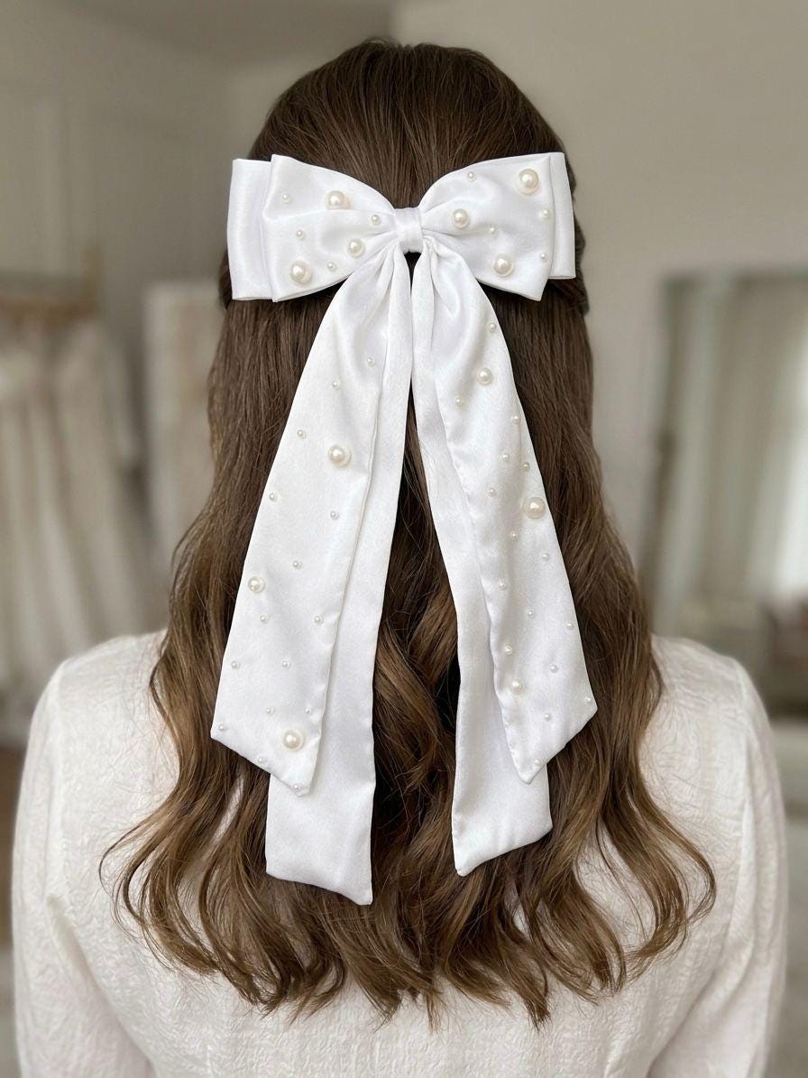 White Satin Pearl Bridal Hair Bow, Romantic Wedding Accessory, French Barrette clip