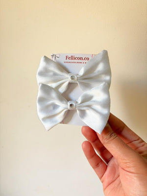 White Satin Hair Bows with Crystal Center, Set of 2 for Girls