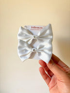 White Satin Hair Bows with Crystal Center, Set of 2 for Girls