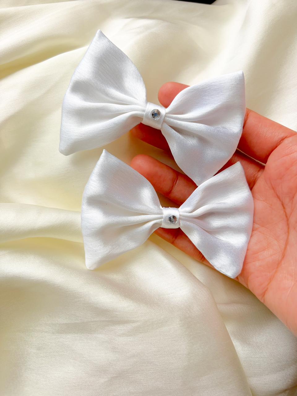 White Satin Hair Bows with Crystal Center, Set of 2 for Girls