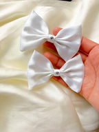 White Satin Hair Bows with Crystal Center, Set of 2 for Girls