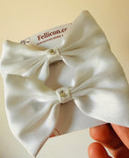 White Satin Hair Bows with Crystal Center, Set of 2 for Girls