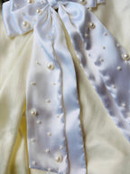 White Satin Pearl Bridal Hair Bow, Romantic Wedding Accessory, French Barrette clip