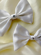 White Satin Hair Bows with Crystal Center, Set of 2 for Girls