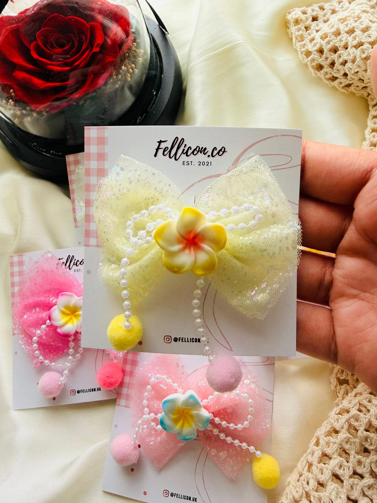 Glitter Tulle Plumeria Flower Hair Bows for Girls (Pack of 5), Kawaii Clip