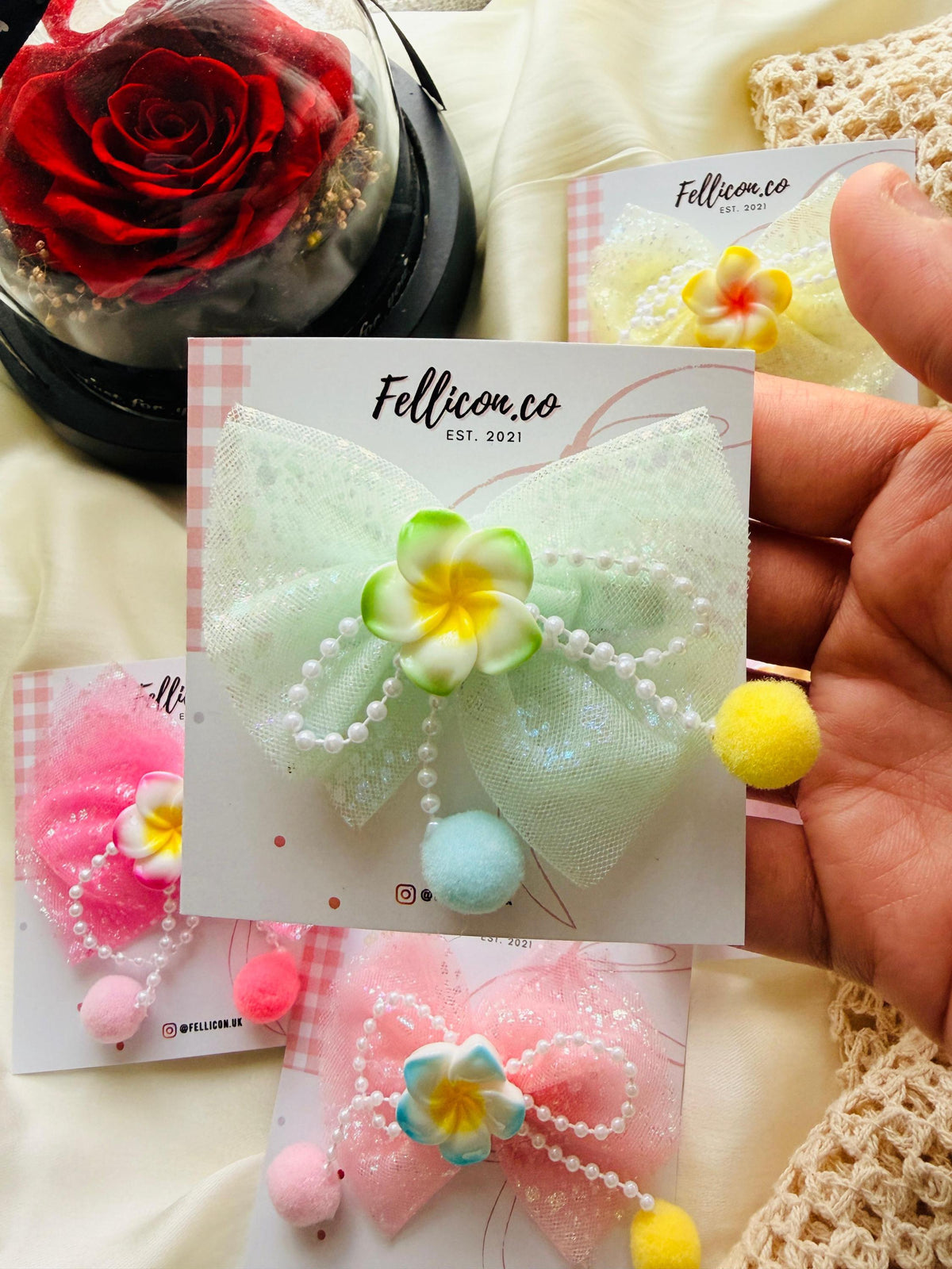 Glitter Tulle Plumeria Flower Hair Bows for Girls (Pack of 5), Kawaii Clip