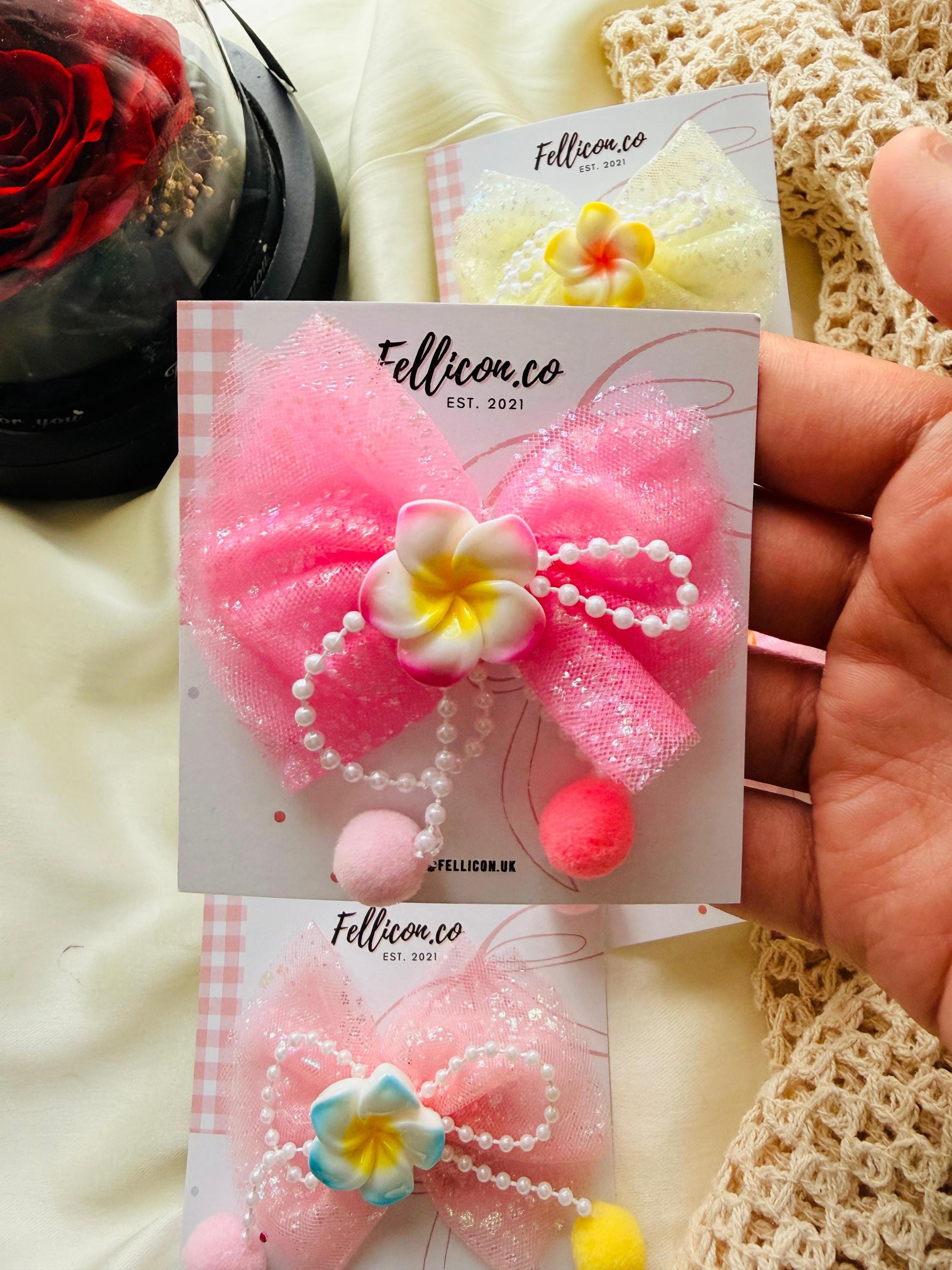 Glitter Tulle Plumeria Flower Hair Bows for Girls (Pack of 5), Kawaii Clip