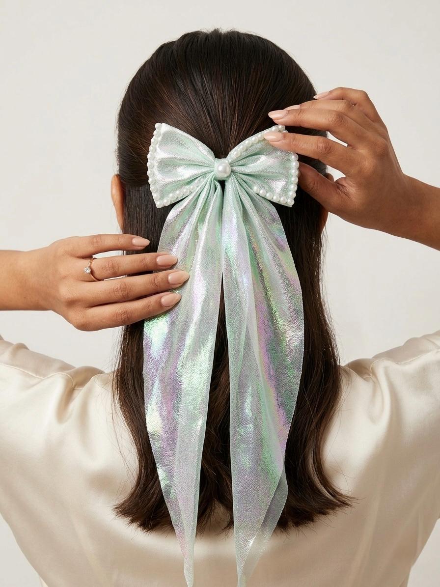 Pearlescent Shimmer Oversized Hair Bow - Elegant Pearl Edged Statement Clip