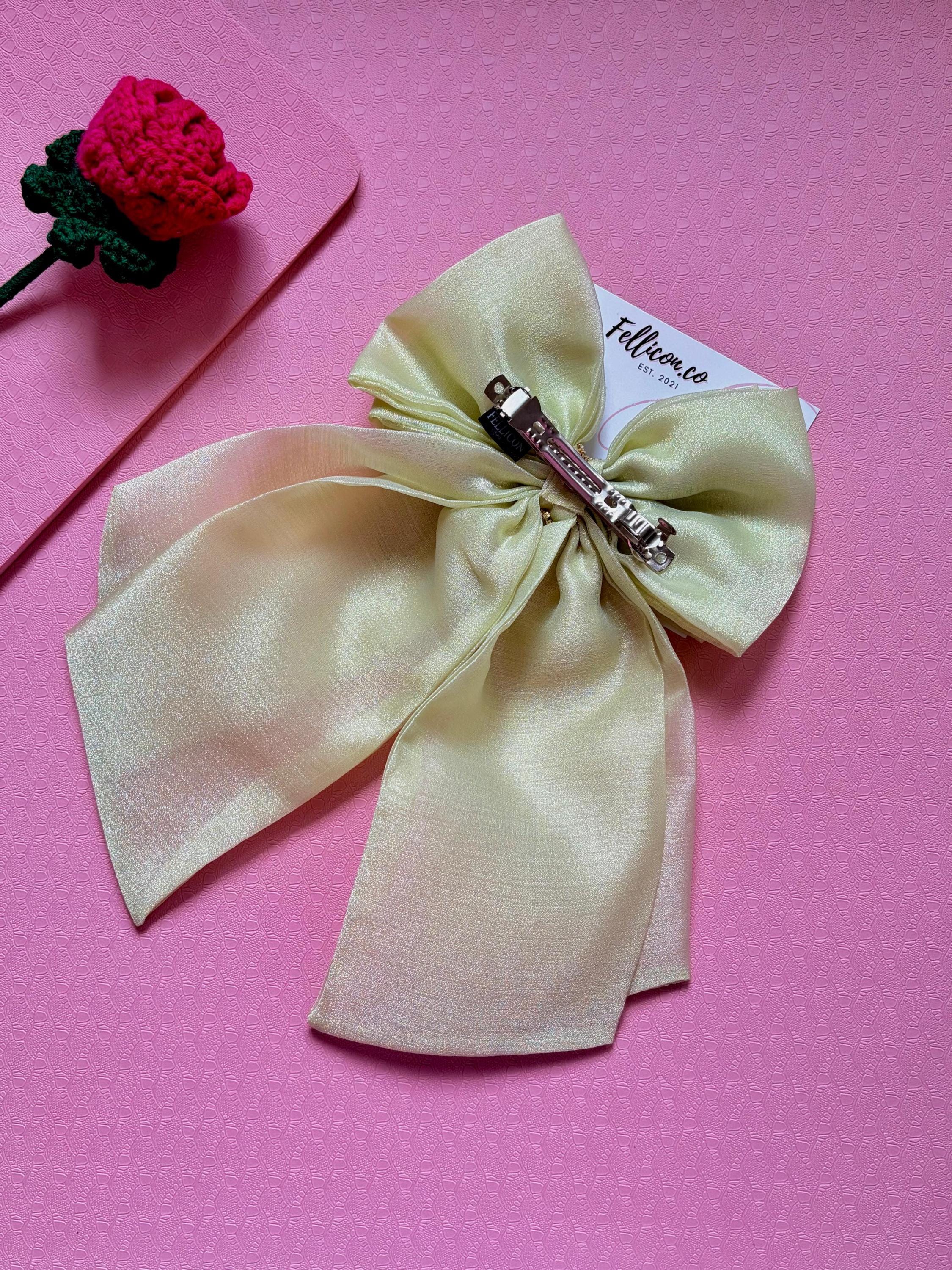 Double Layered Sage Green Bow with Rhinestones – Bridal Organza Accessory