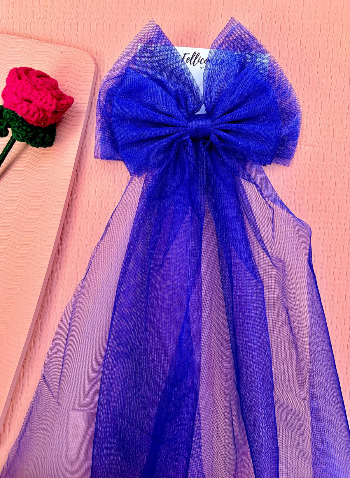 Wedding Royal Blue Tulle Bow Veil Hair Barrette for Bride, Oversized Bridal Bachelorette Accessory