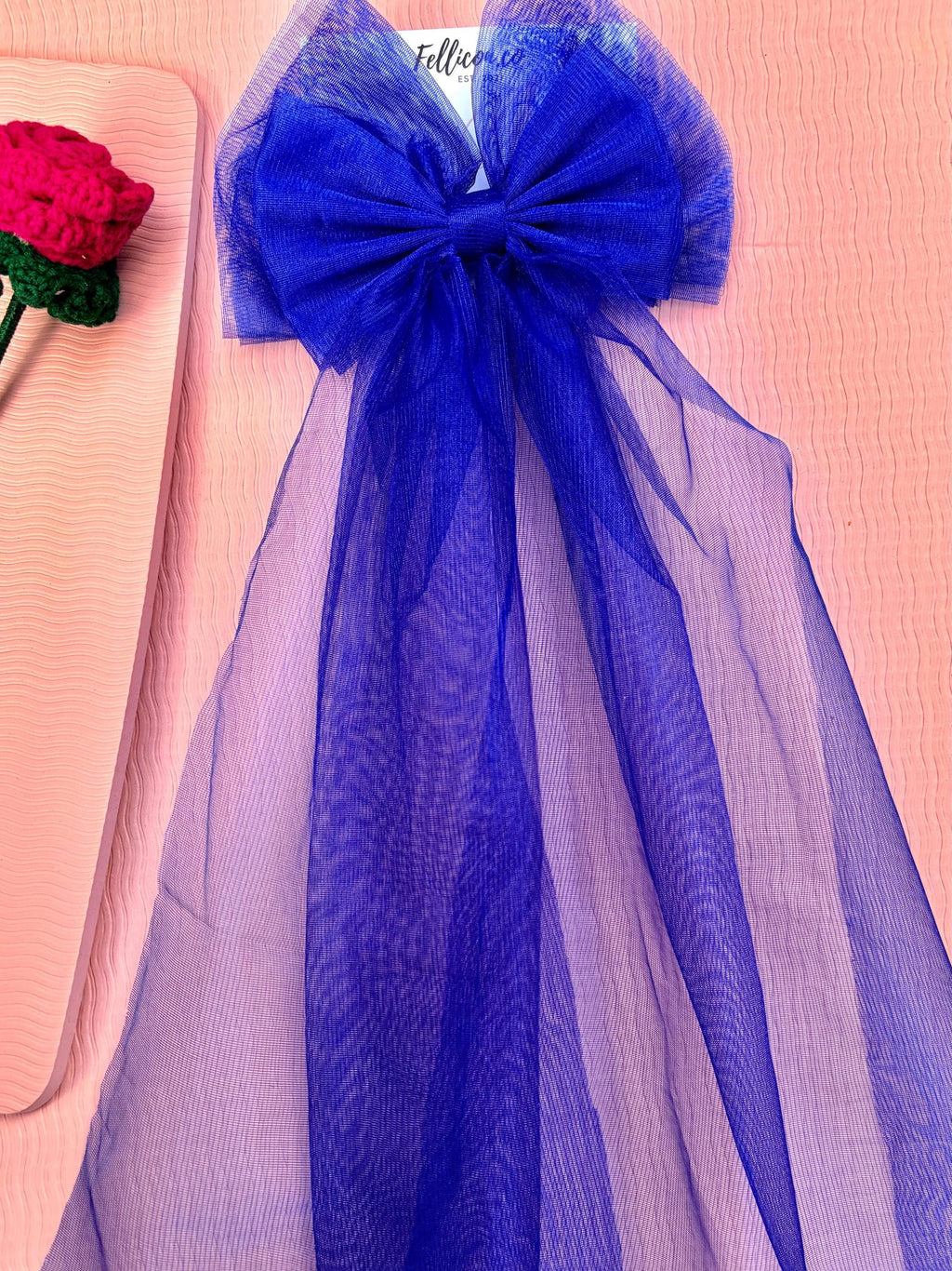Wedding Royal Blue Tulle Bow Veil Hair Barrette for Bride, Oversized Bridal Bachelorette Accessory