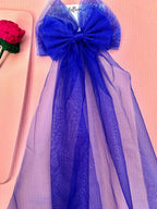 Wedding Royal Blue Tulle Bow Veil Hair Barrette for Bride, Oversized Bridal Bachelorette Accessory