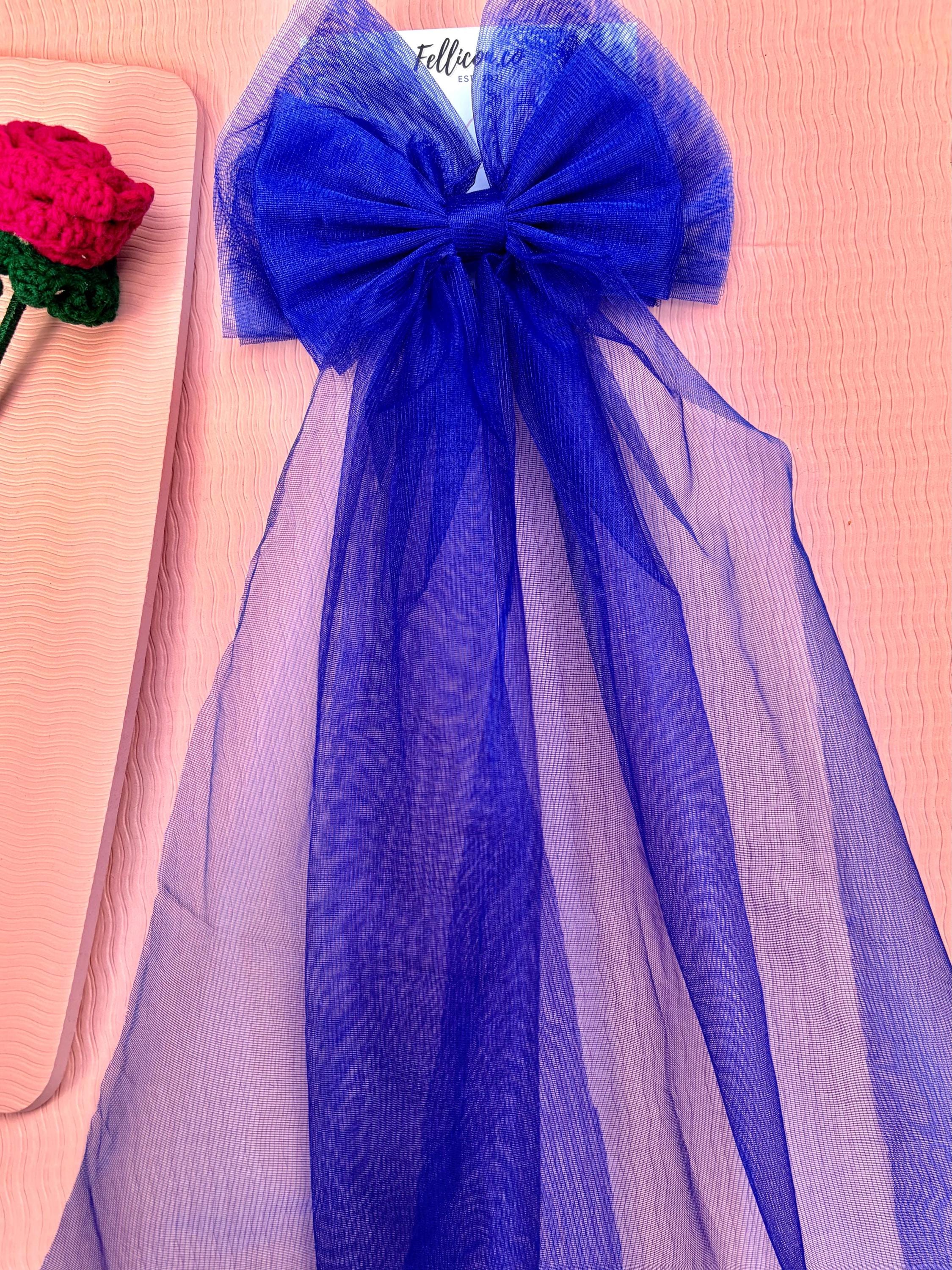 Wedding Royal Blue Tulle Bow Veil Hair Barrette for Bride, Oversized Bridal Bachelorette Accessory