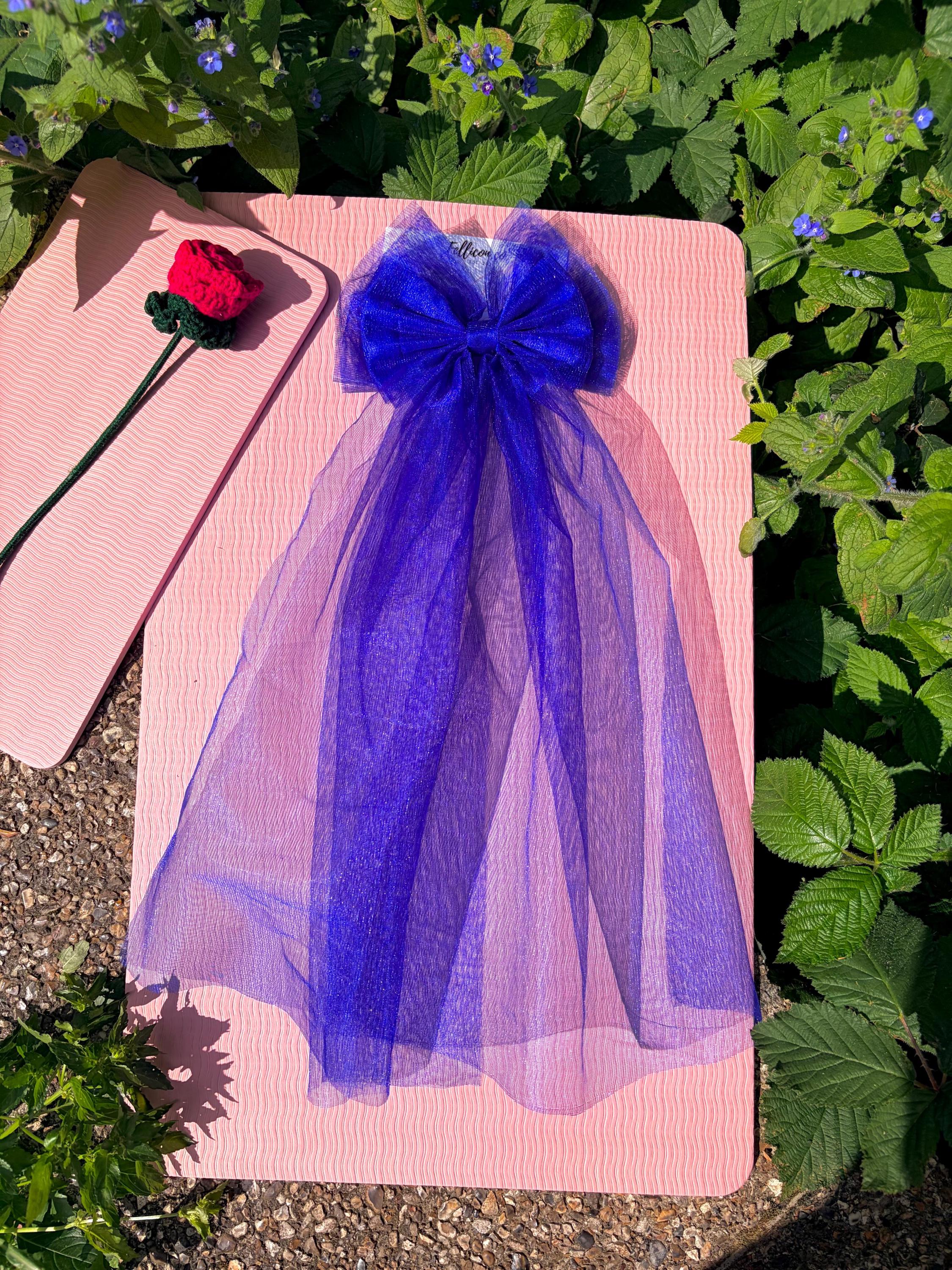 Wedding Royal Blue Tulle Bow Veil Hair Barrette for Bride, Oversized Bridal Bachelorette Accessory