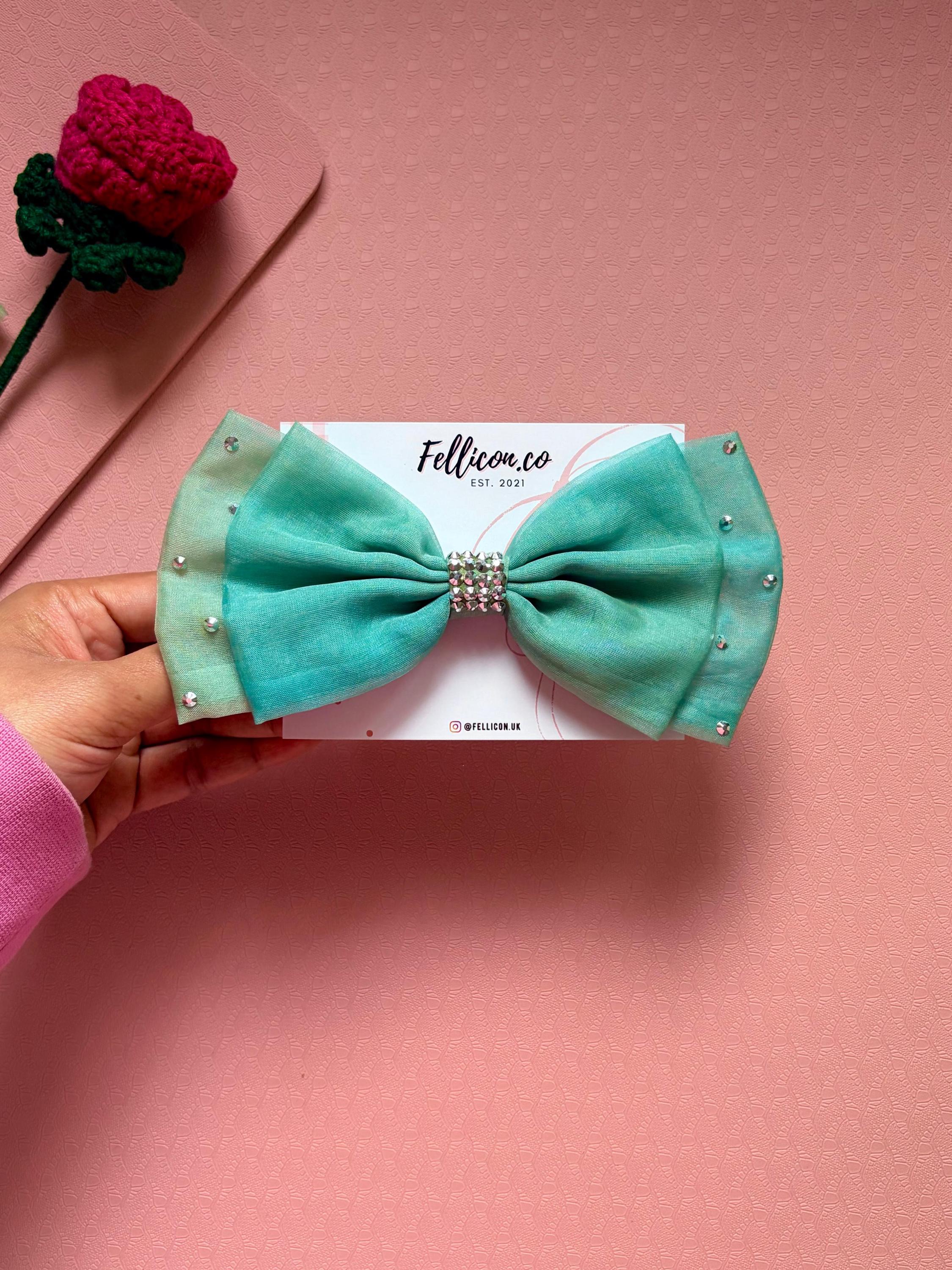 Sage Green Organza Bow Clip | Crystal Embellished Hair Barrette for Women