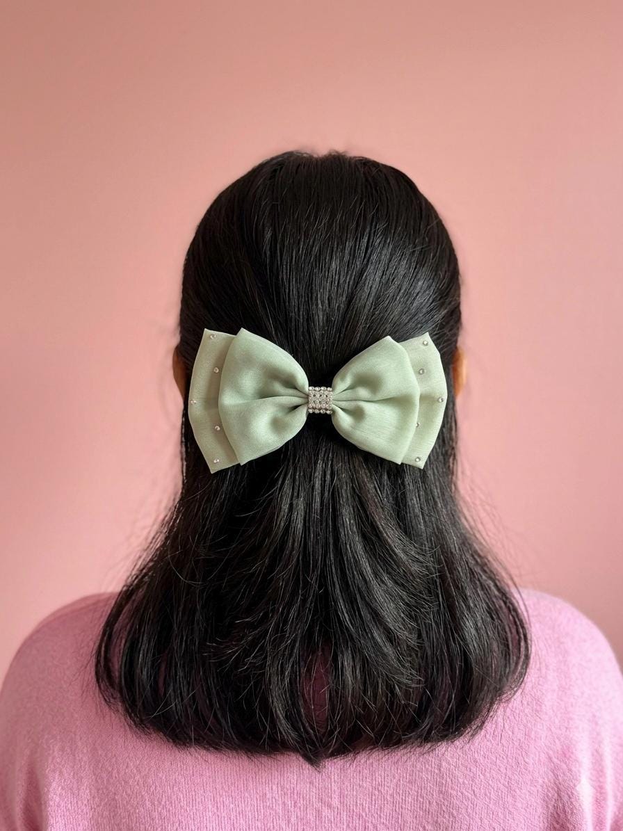 Sage Green Organza Bow Clip | Crystal Embellished Hair Barrette for Women