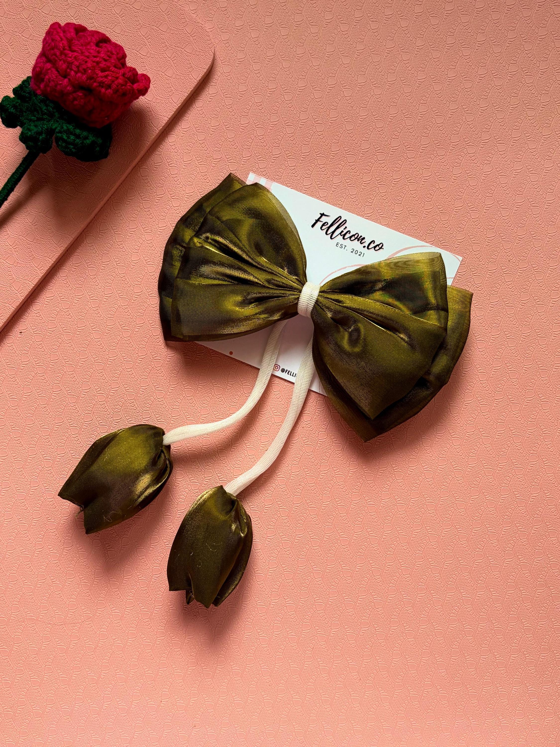 Organza iridescent large hair bow with hanging tulip | coquette statement hair clip