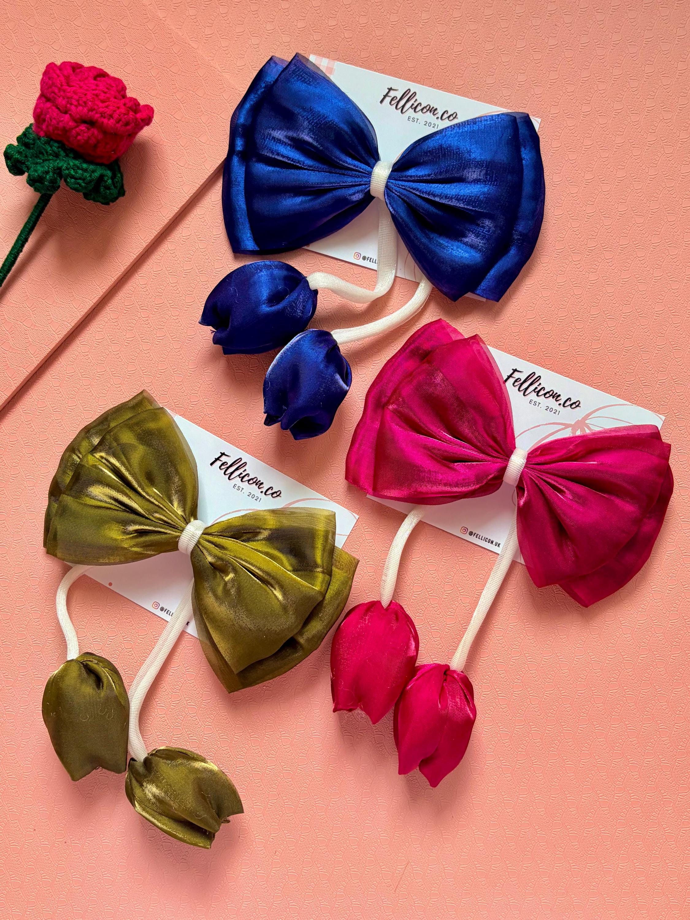 Organza iridescent large hair bow with hanging tulip | coquette statement hair clip