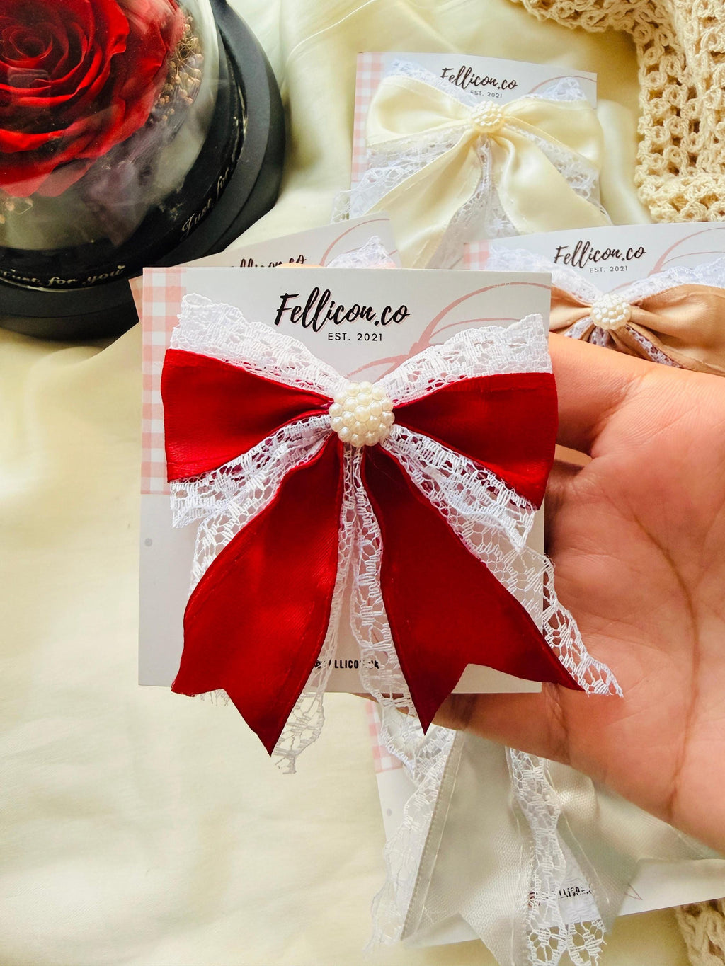 Satin Lace Pearl Hair Bow for Girls, Toddler Clip, Special Occasion Accessory
