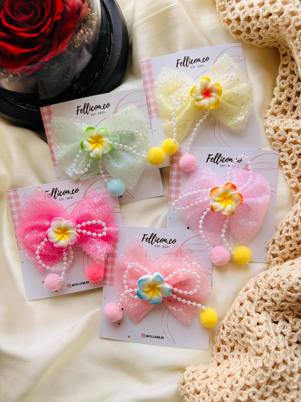 Glitter Tulle Plumeria Flower Hair Bows for Girls (Pack of 5), Kawaii Clip