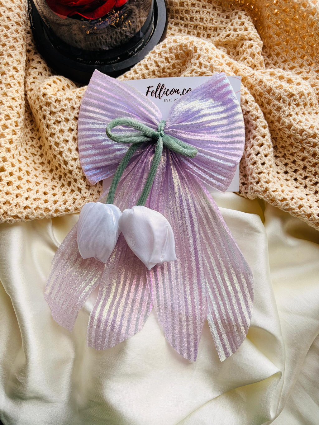 Iridescent tail bow with tulip | Shimmer pleated coquette hair clip