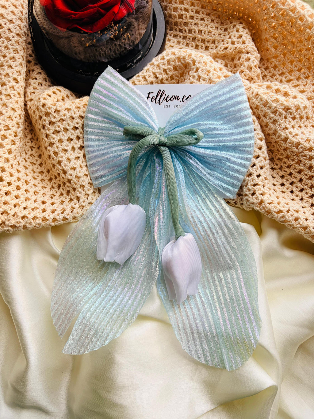 Iridescent tail bow with tulip | Shimmer pleated coquette hair clip