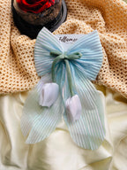 Iridescent tail bow with tulip | Shimmer pleated coquette hair clip