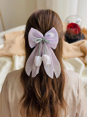 Iridescent tail bow with tulip | Shimmer pleated coquette hair clip