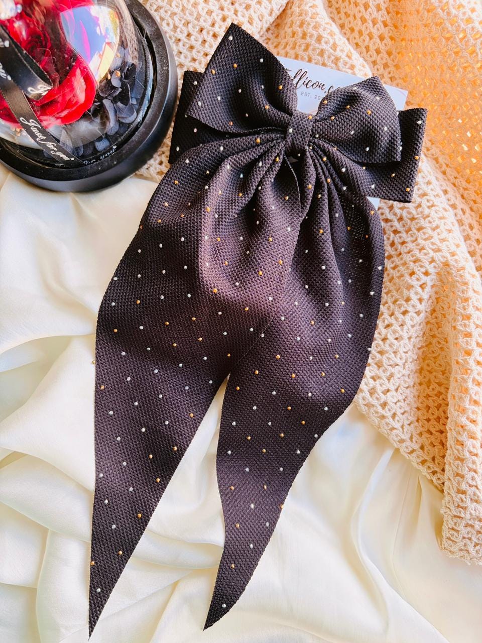 Oversized Long Tail Bow Barrette, Textured Bullet Fabric Hair Clip, Coquette style Hair Accessory