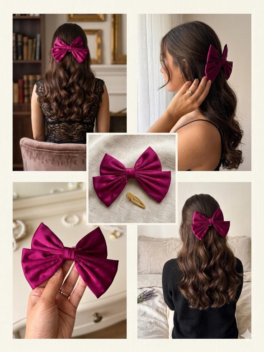 Oversized Satin Hair Bow Clip, Jewel-Toned Magenta, French Barrette, Coquette Style Accessory