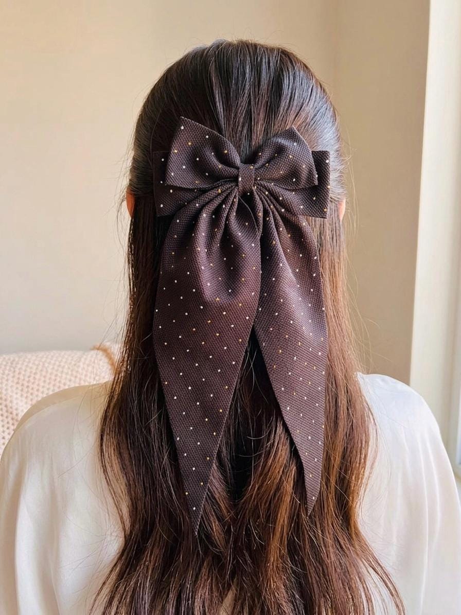 Oversized Long Tail Bow Barrette, Textured Bullet Fabric Hair Clip, Coquette style Hair Accessory