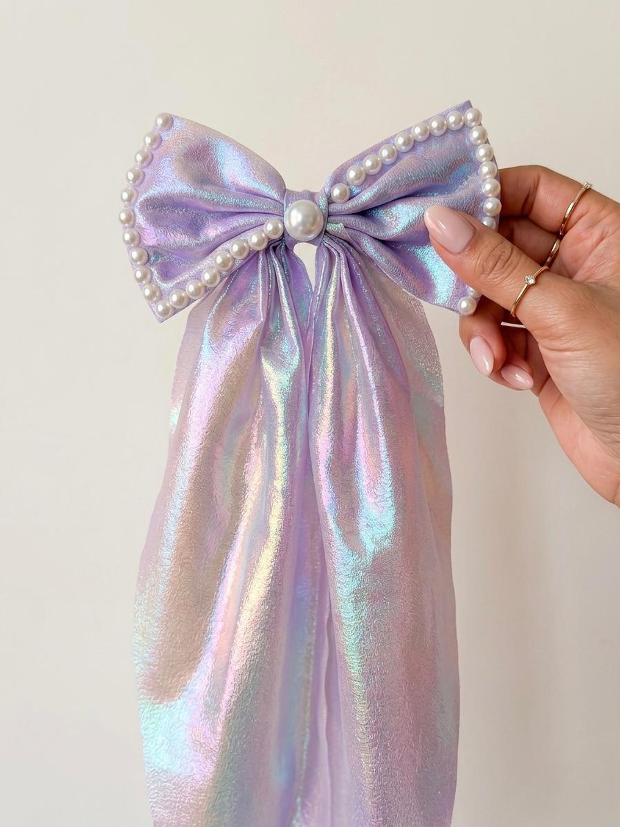 Pearlescent Shimmer Oversized Hair Bow - Elegant Pearl Edged Statement Clip