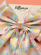 Oversized Pastel Gingham Floral Hair Bow – Handcrafted Coquette Long Tail Clip
