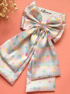 Oversized Pastel Gingham Floral Hair Bow – Handcrafted Coquette Long Tail Clip