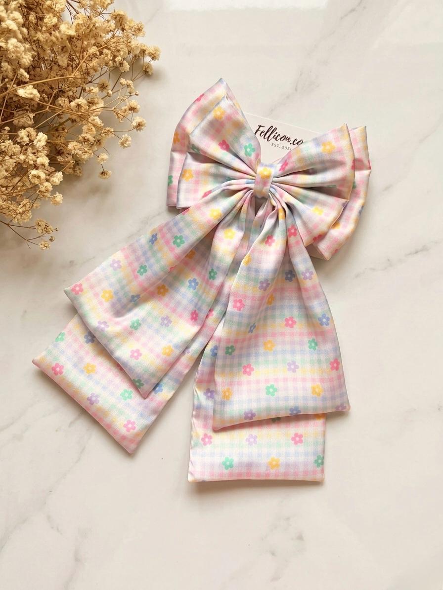 Oversized Pastel Gingham Floral Hair Bow – Handcrafted Coquette Long Tail Clip