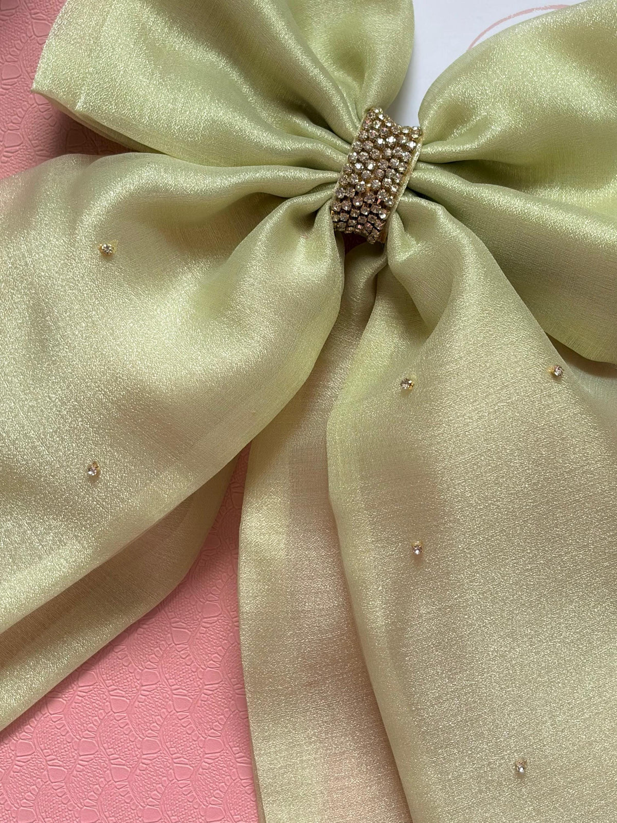 Double Layered Sage Green Bow with Rhinestones – Bridal Organza Accessory