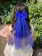 Wedding Royal Blue Tulle Bow Veil Hair Barrette for Bride, Oversized Bridal Bachelorette Accessory