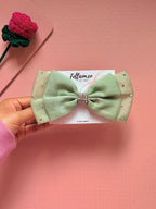Sage Green Organza Bow Clip | Crystal Embellished Hair Barrette for Women