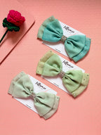 Sage Green Organza Bow Clip | Crystal Embellished Hair Barrette for Women
