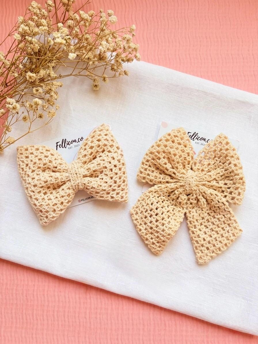 Large Crochet Vintage Hair Bow, Coquette Boho Lace Accessory Handmade Ribbon Applique