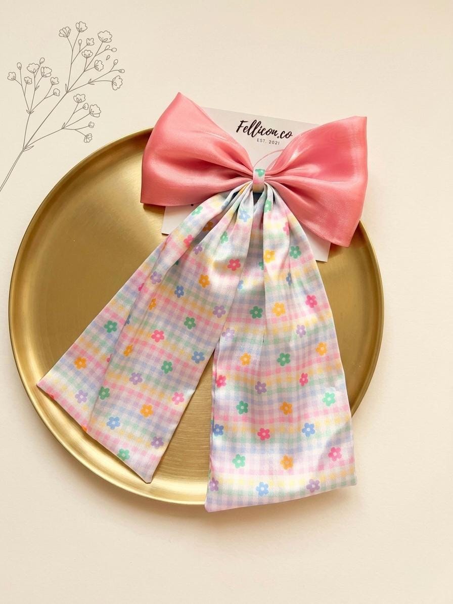 Pink Satin Hair Bow with Gingham Long Tails | Oversized Coquette Clip
