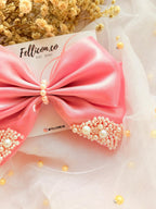 Pink Organza Pearl Hair Bow, Oversized Coquette Bridal Clip, Romantic Wedding Accessory