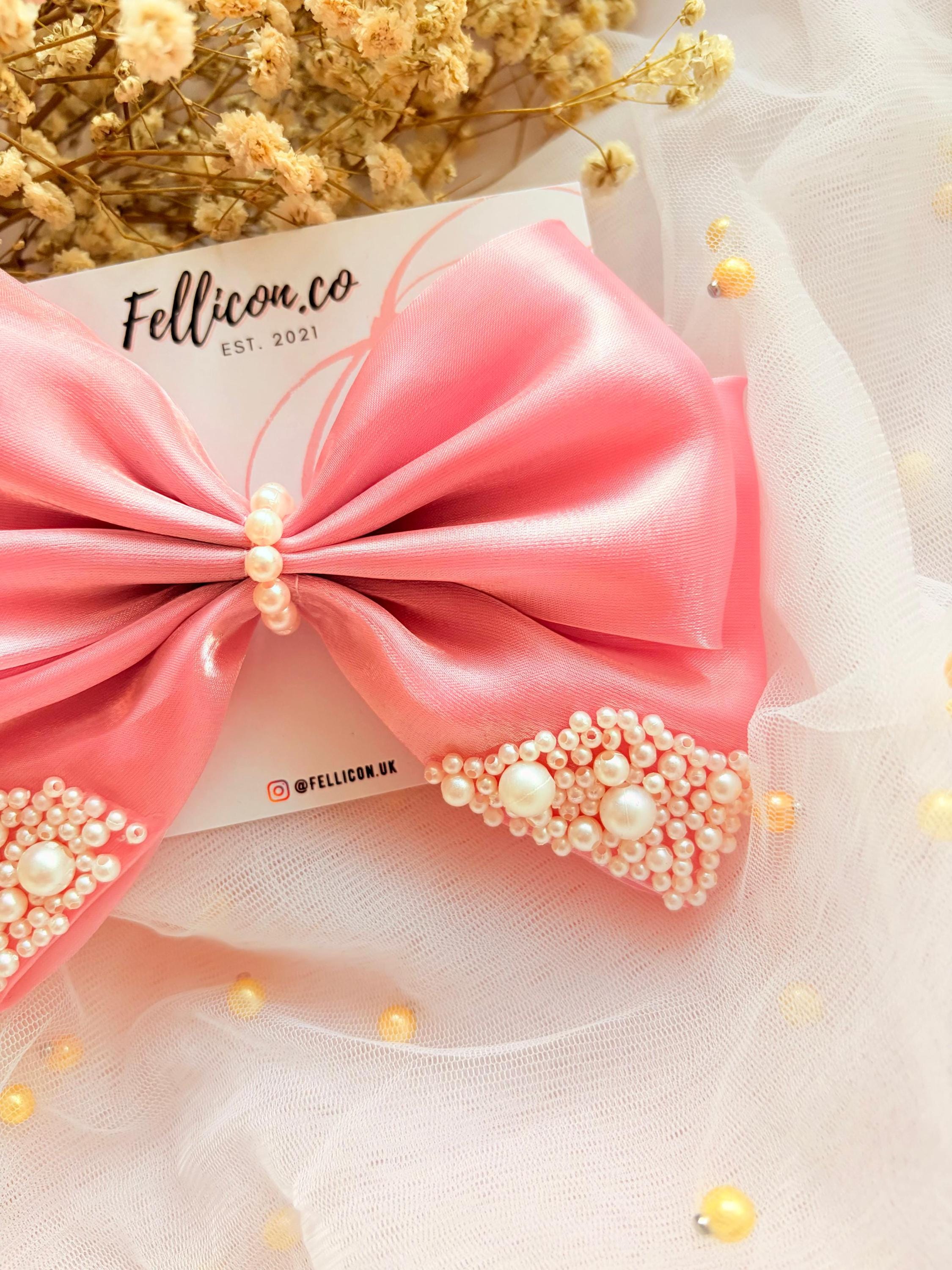 Pink Organza Pearl Hair Bow, Oversized Coquette Bridal Clip, Romantic Wedding Accessory