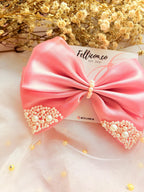 Pink Organza Pearl Hair Bow, Oversized Coquette Bridal Clip, Romantic Wedding Accessory