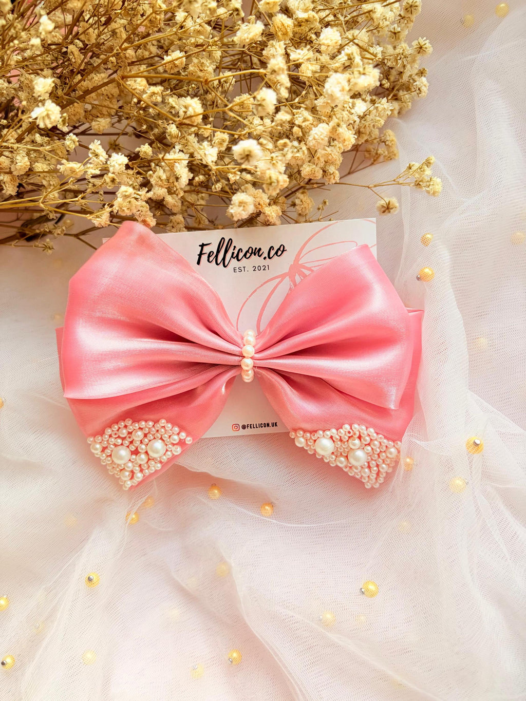 Pink Organza Pearl Hair Bow, Oversized Coquette Bridal Clip, Romantic Wedding Accessory