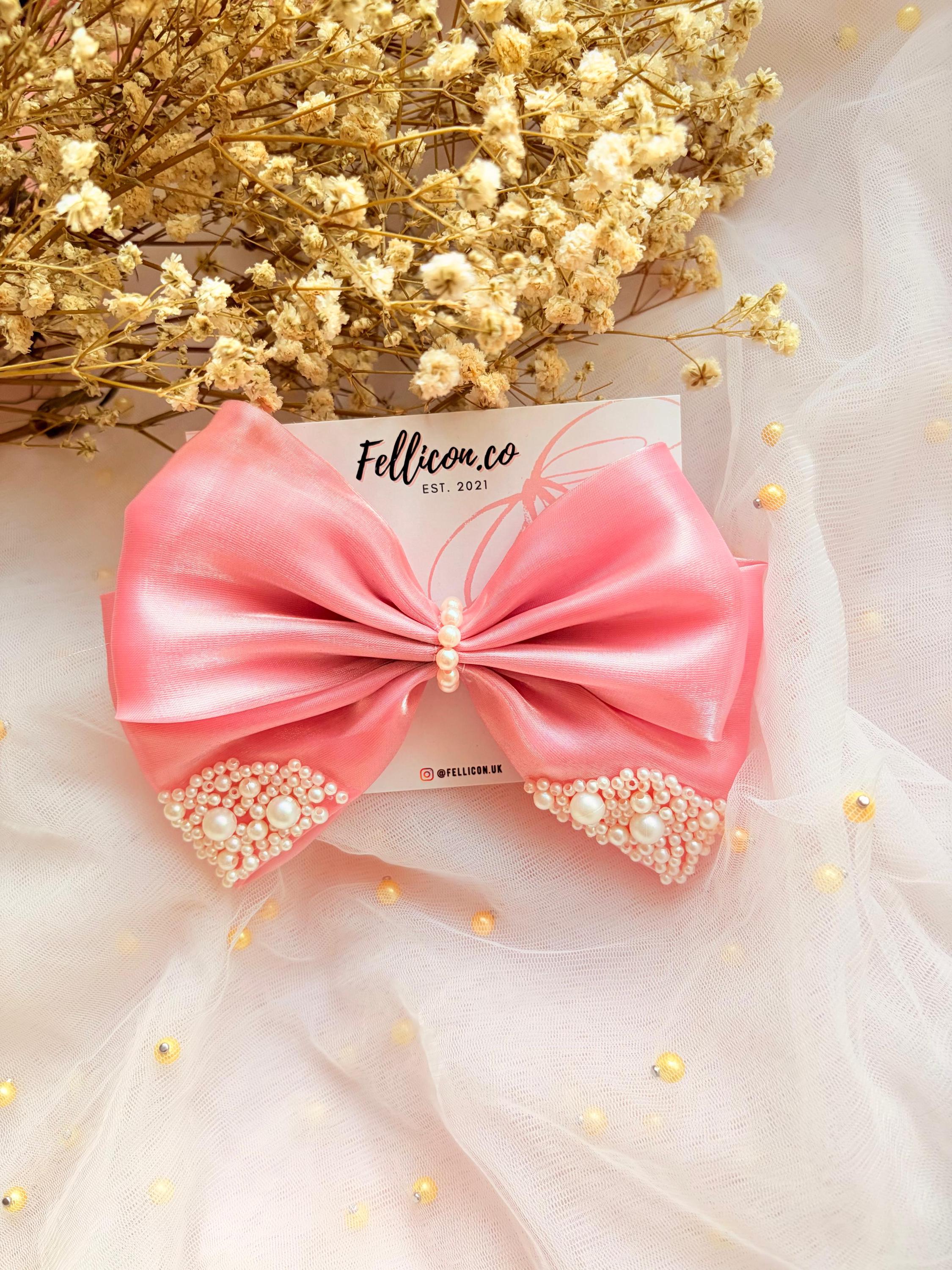 Pink Organza Pearl Hair Bow, Oversized Coquette Bridal Clip, Romantic Wedding Accessory